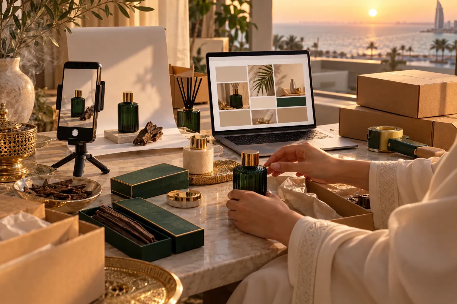 A young Saudi founder at a home desk in Jeddah planning a store budget on a laptop, with product samples, a card reader and packed parcels
