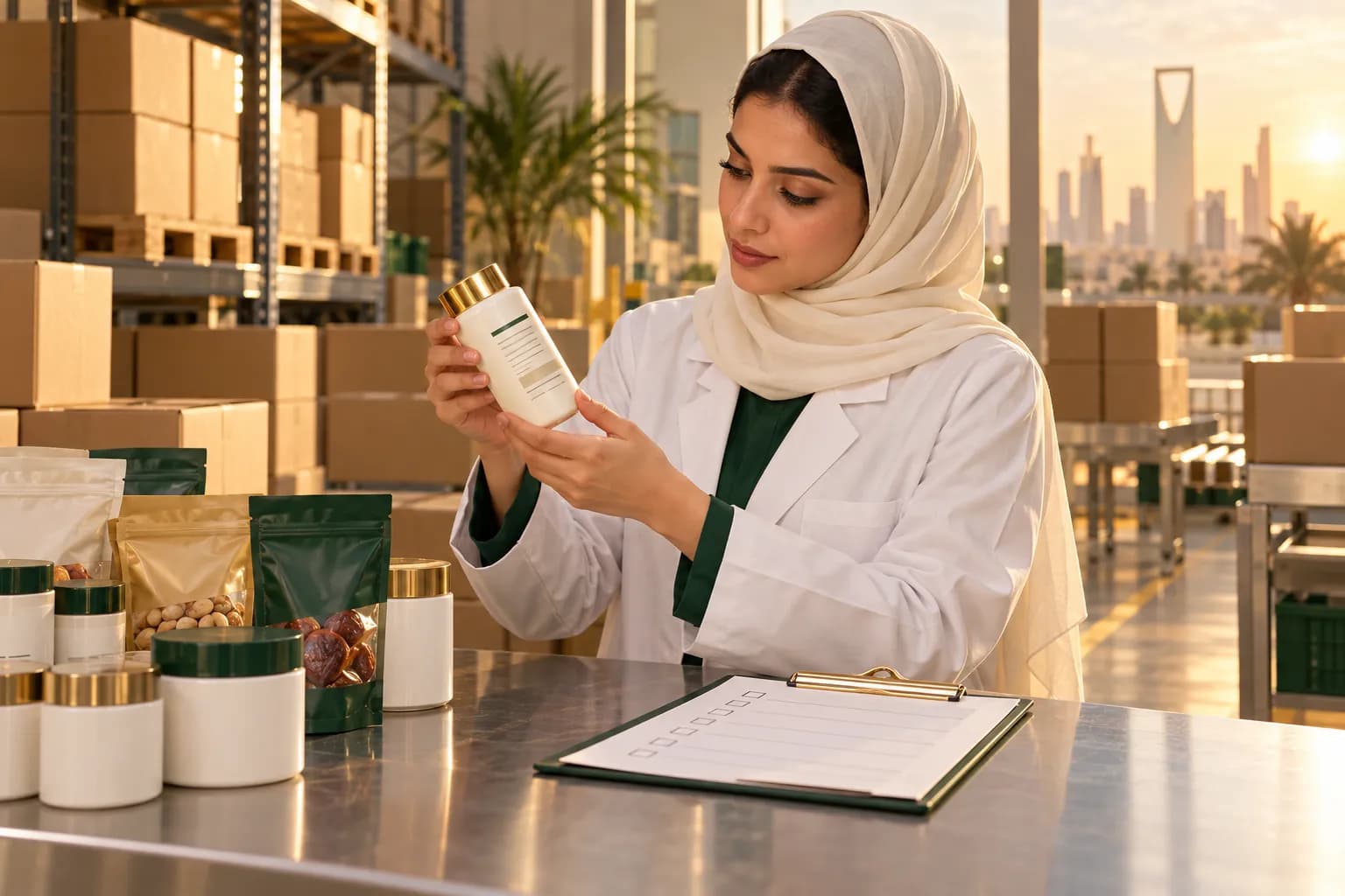 A Saudi quality officer in a lab coat checking the bilingual Arabic and English label on a skincare bottle beside unbranded snack packs in a bright Riyadh warehouse
