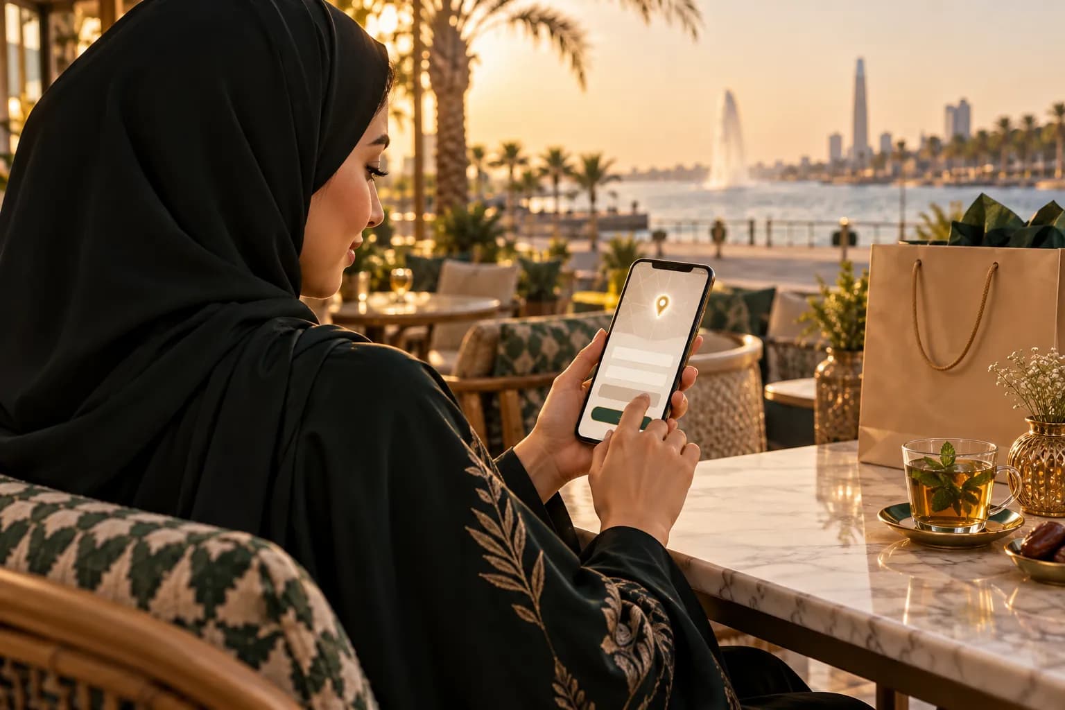 A Saudi shopper filling in an Arabic checkout address form on her phone at a café table