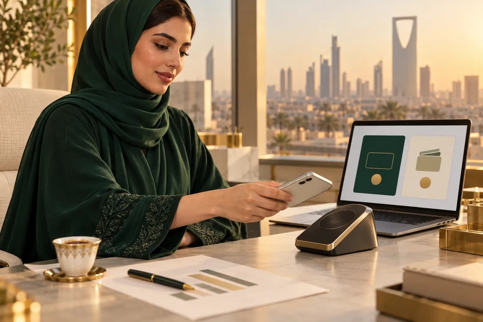 A Saudi store owner at a desk in Riyadh comparing two payment options on a laptop while holding an iPhone to test a checkout
