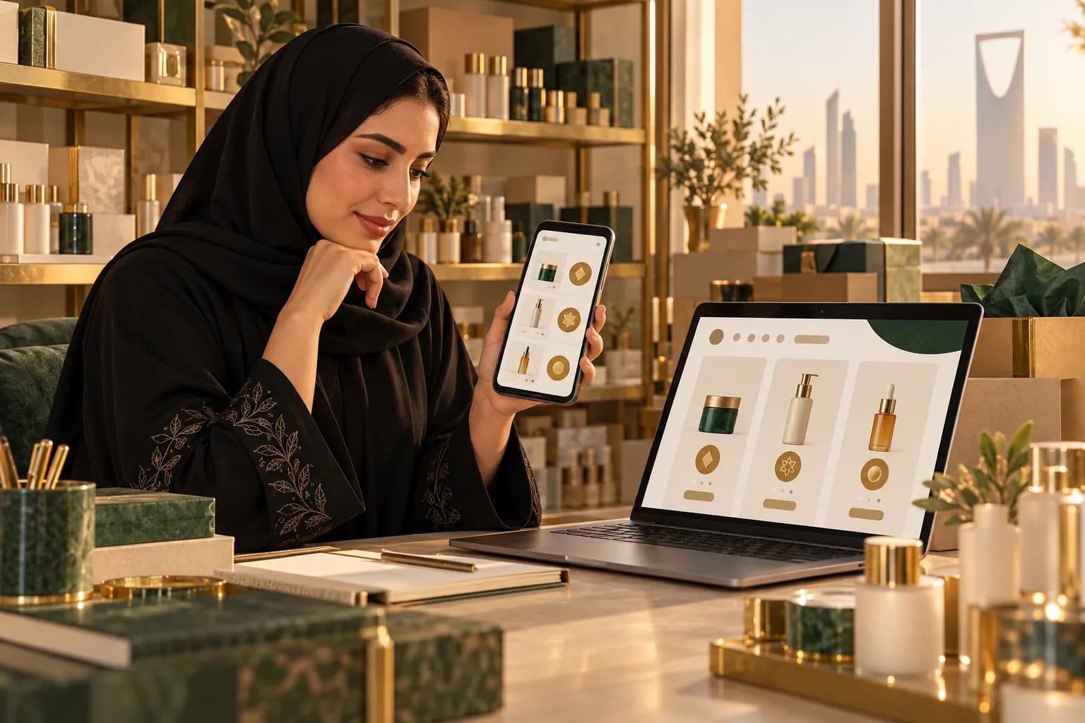 A Saudi shop owner checking her store's prices in riyals and dinars on a laptop and a phone