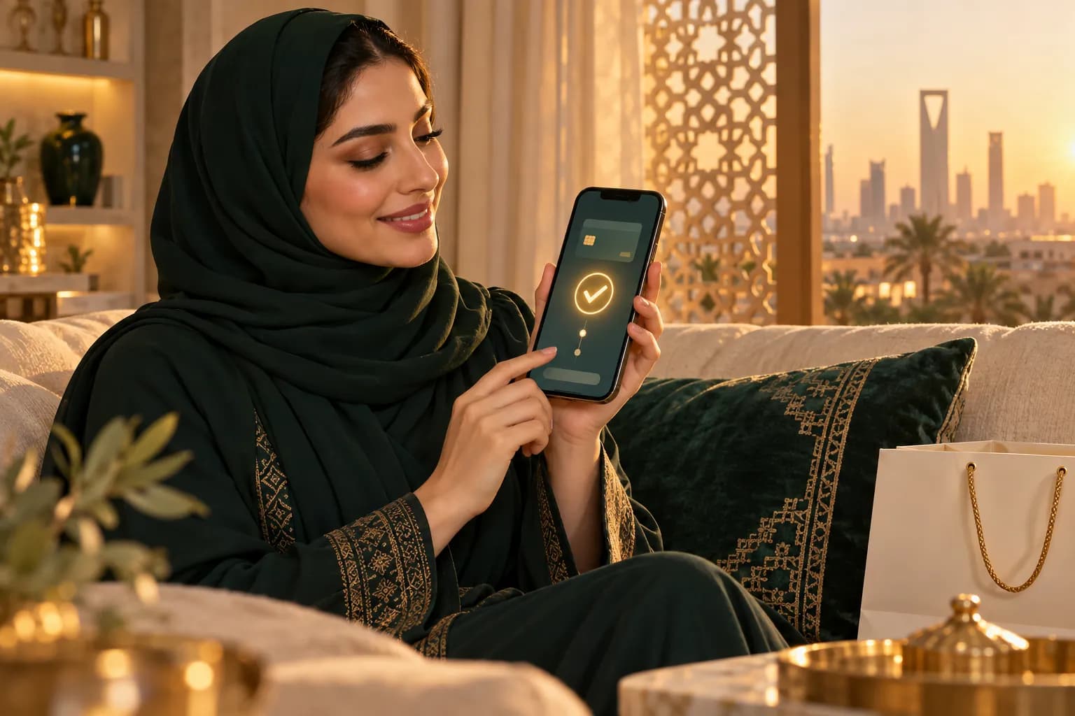 A Saudi shopper in Riyadh paying for an online order with Apple Pay on her iPhone at home