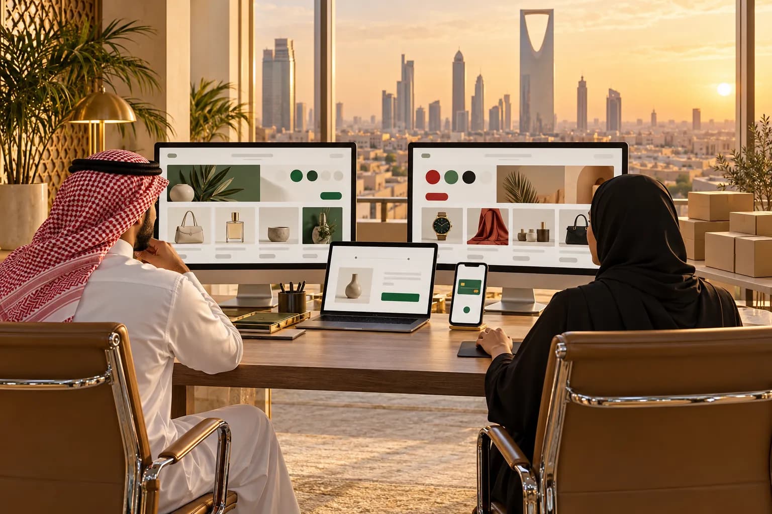 A Gulf ecommerce team reviewing two online stores side by side on large monitors, one for the UAE and one for Saudi Arabia