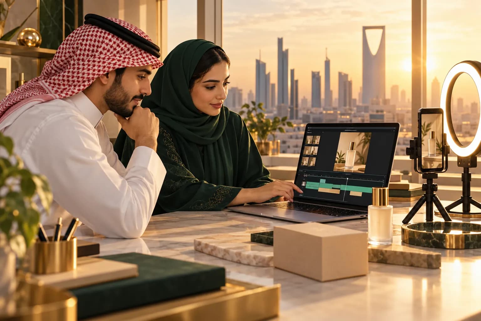 A young Saudi man and woman in a bright Riyadh office editing a vertical product video on a laptop, with a phone on a small tripod beside them