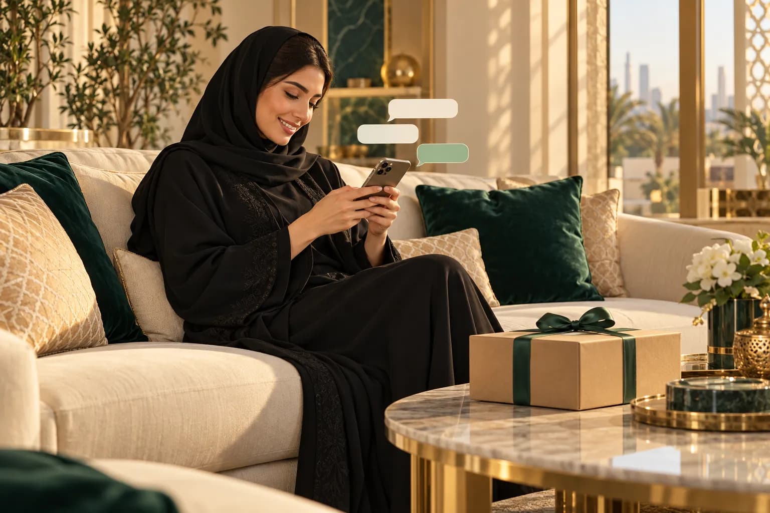 A young Saudi woman relaxing on a sofa at home, smiling at a chat on her phone, with a just-delivered parcel on the table beside her
