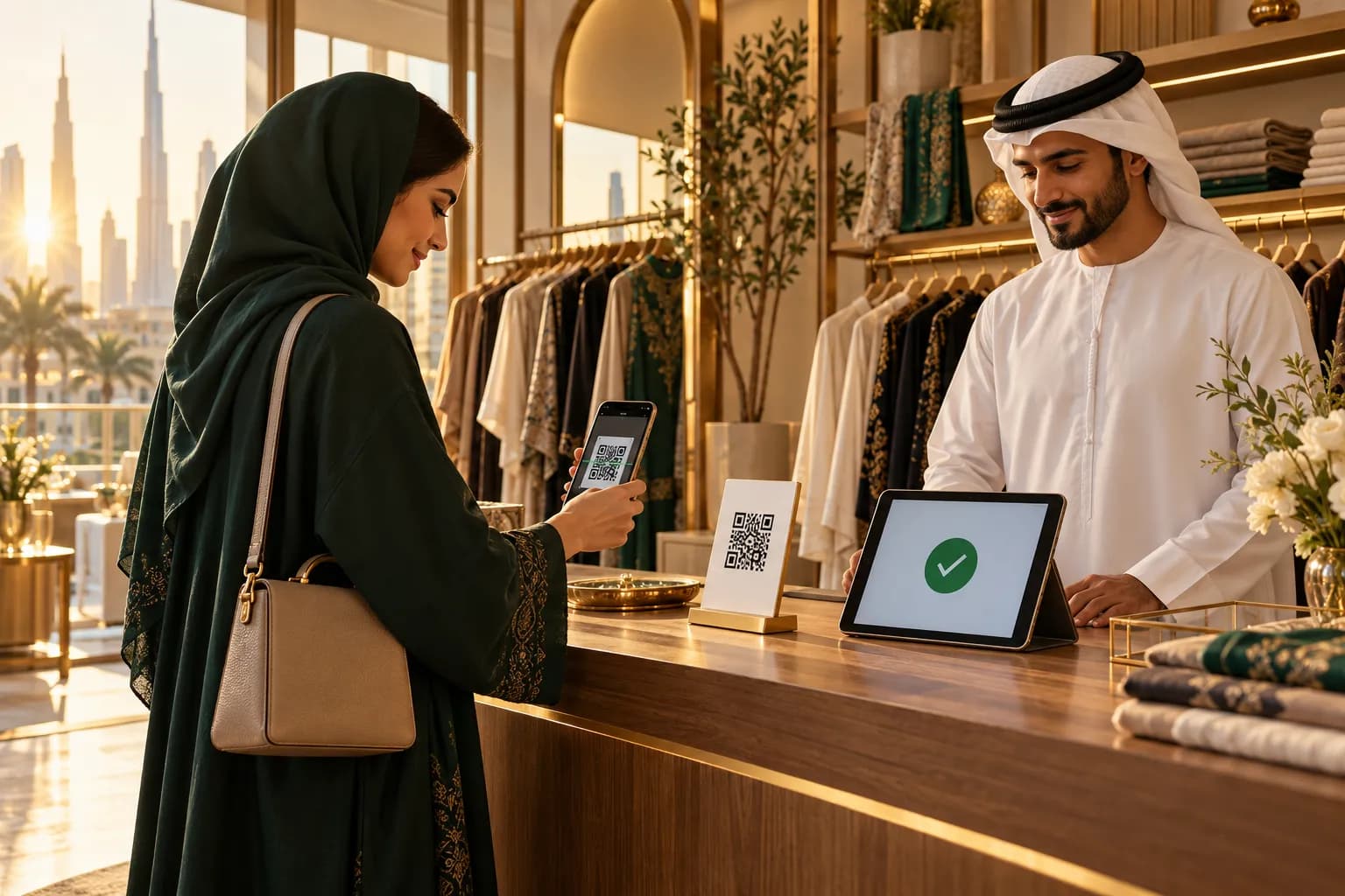 A shopper in a Dubai boutique scanning a QR code with her phone to pay instantly while the owner watches a tablet confirm the payment