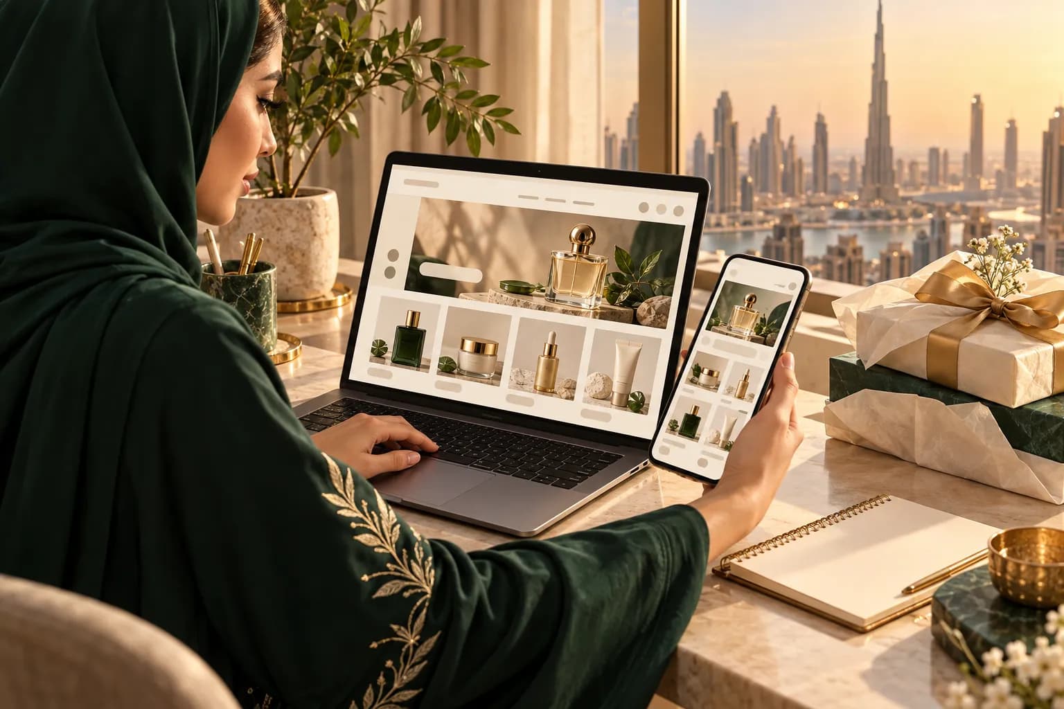 A young Emirati founder in a bright Dubai studio checking an English and Arabic version of her online store side by side on a laptop and a phone