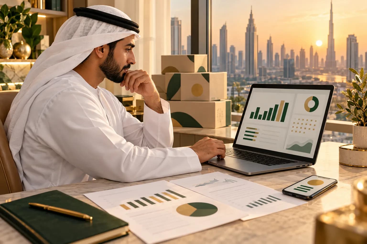 An Emirati business owner reviewing an abstract tax dashboard on a laptop in a sunlit Dubai office
