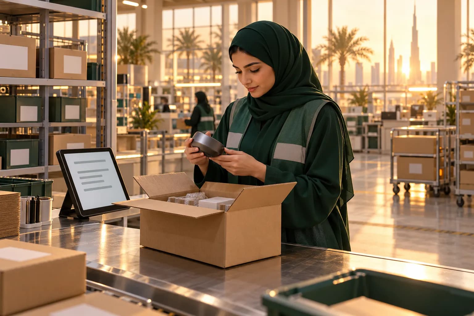 A young Emirati warehouse worker inspects an opened parcel with a tablet beside her at a bright Dubai returns station