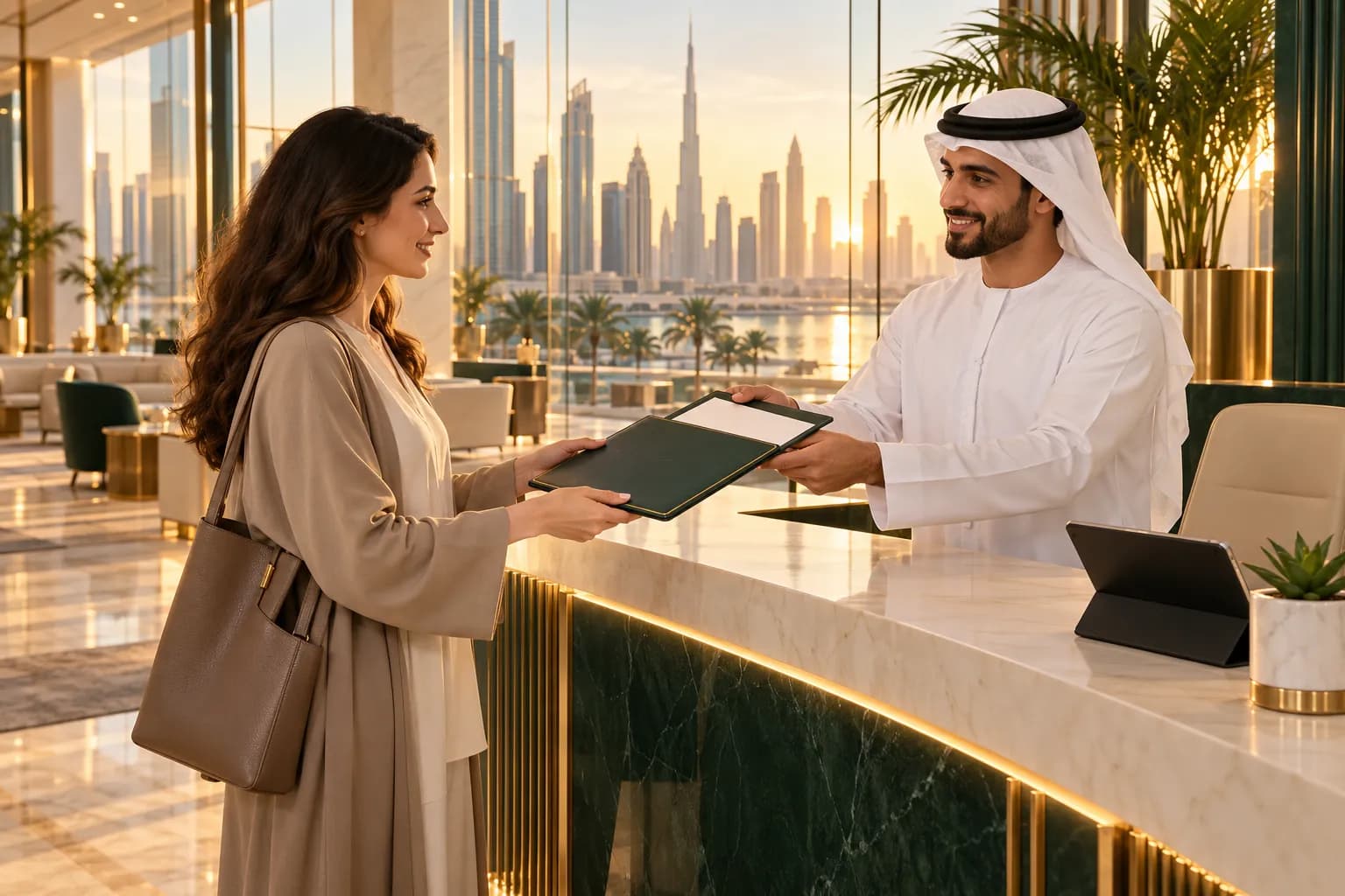 A young founder collecting a newly issued trade licence folder from a smiling service-desk officer in a bright Dubai free zone business centre