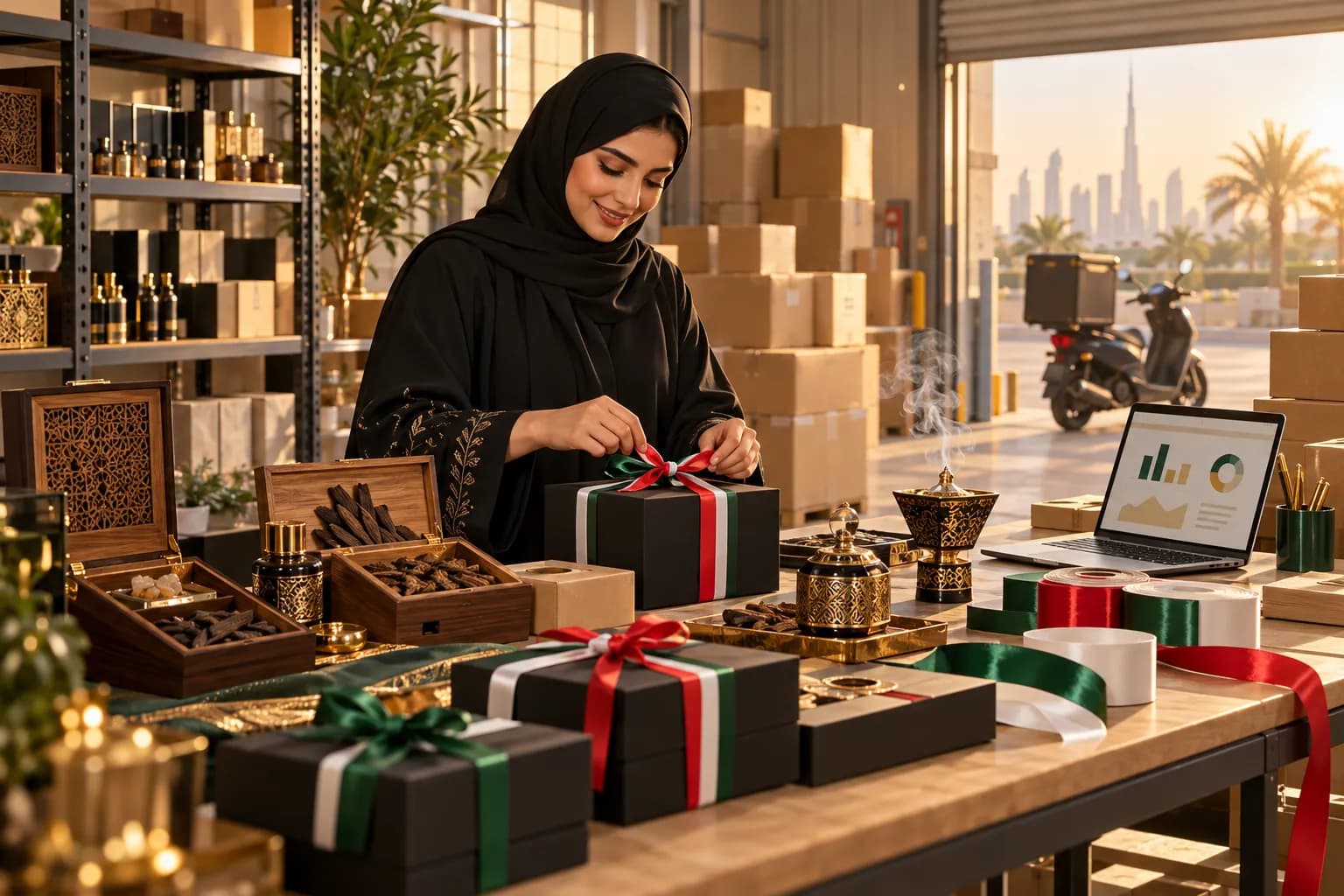 An online seller in Dubai packing fragrance gift boxes with red, green and white ribbons for National Day orders