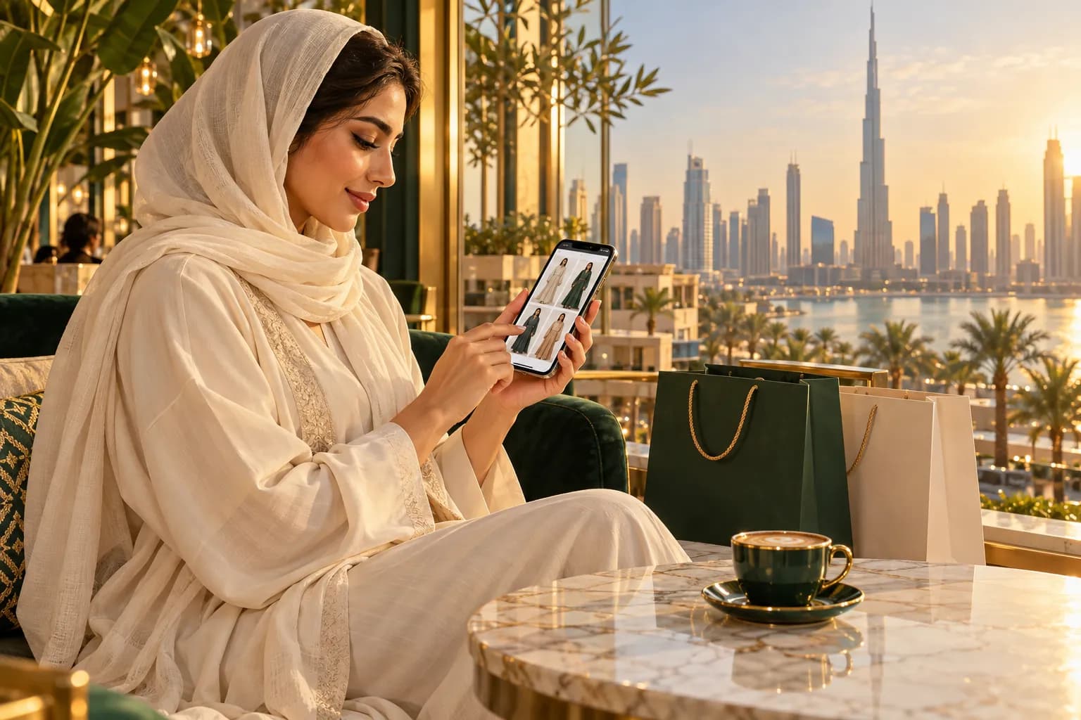 A young woman in a Dubai cafe browsing an online fashion store on her smartphone, with shopping bags beside her and the city skyline through the window