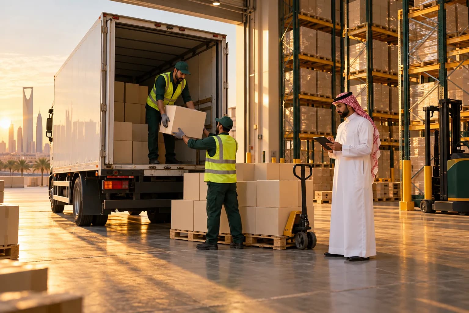 Cartons trucked in from Dubai being unloaded at a modern Riyadh fulfilment warehouse at golden hour