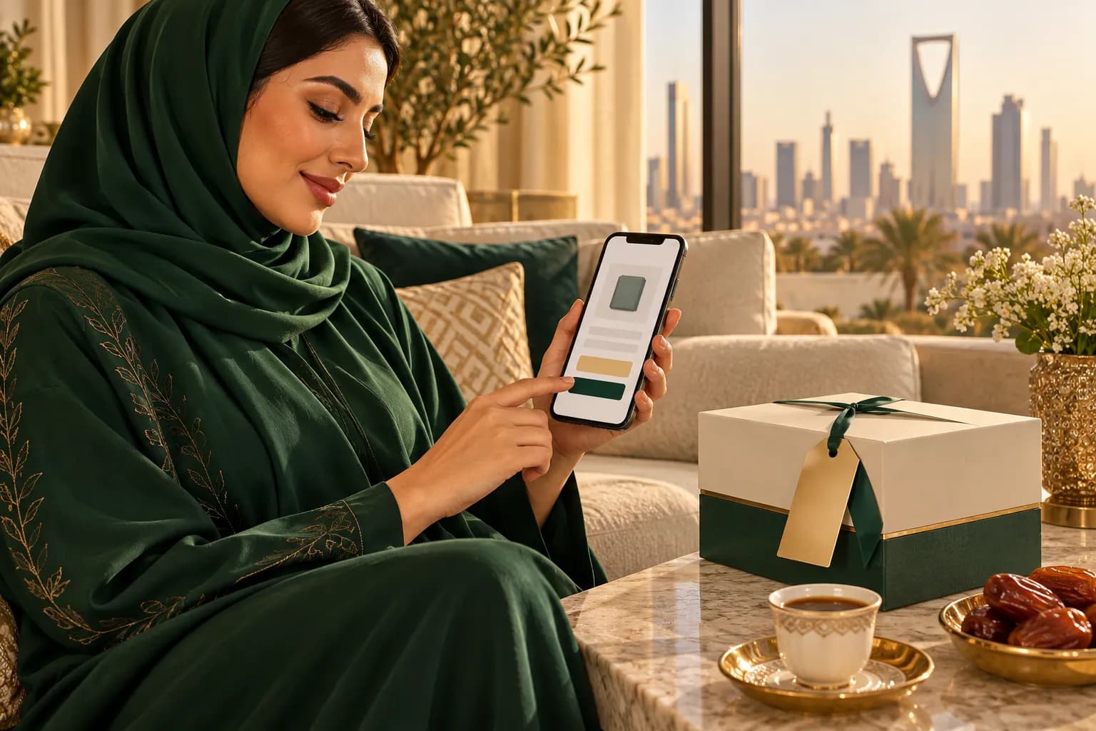 A Saudi shopper checks a matching price on a product page and the checkout screen of her phone