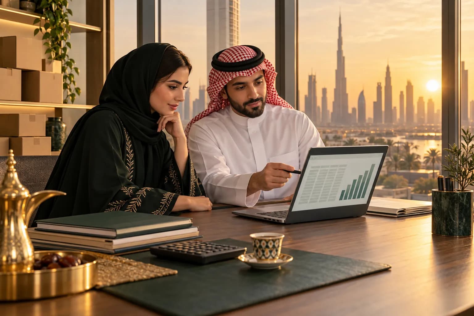 A Gulf online store founder and a tax advisor reviewing a quarterly VAT return on a laptop in a bright Dubai office