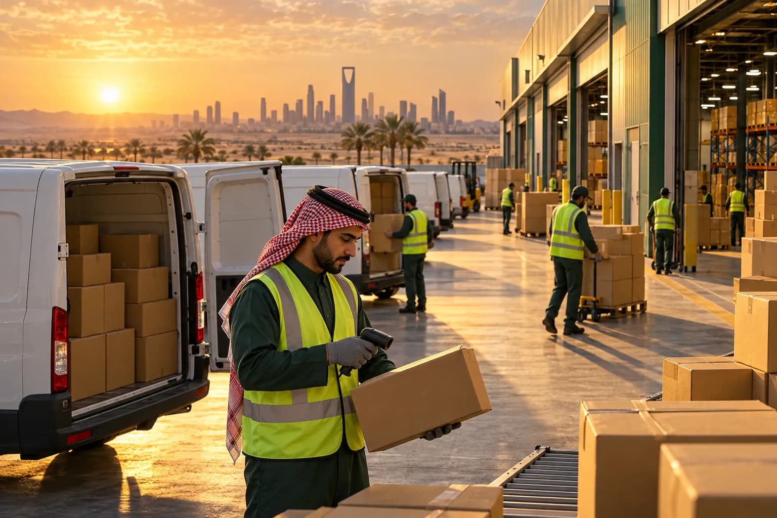 A modern Riyadh logistics hub at golden hour with delivery vans loading parcels